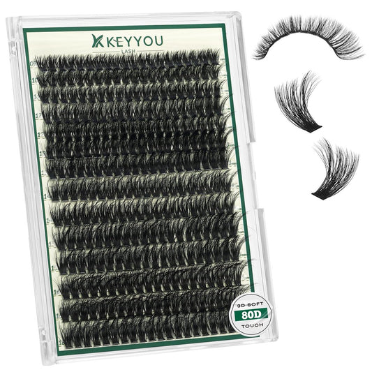 KEYYOU LASH Wimpern-Cluster 3D-Effekt 280 Stück 80D D Curl 9-18mm Mischung Natürliche Wispy Lashes für DIY Wimpernverlängerung