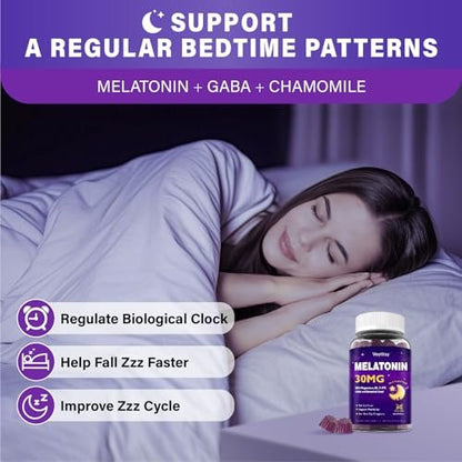 Veyttisy Melatonin 30mg Gummies für Erwachsene - Zuckerfreie Melatonin Gummies mit maximaler Stärke, Magnesium, B6, GABA & botanischer Mischung - Nicht gewohnheitsbildend, vegan, ohne Gentechnik, natürlicher Beerenmix-Geschmack