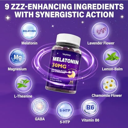 Veyttisy Melatonin 30mg Gummies für Erwachsene - Zuckerfreie Melatonin Gummies mit maximaler Stärke, Magnesium, B6, GABA & botanischer Mischung - Nicht gewohnheitsbildend, vegan, ohne Gentechnik, natürlicher Beerenmix-Geschmack