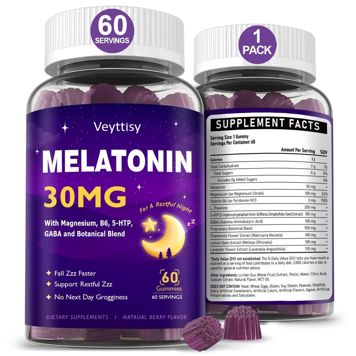 Veyttisy Melatonin 30mg Gummies für Erwachsene - Zuckerfreie Melatonin Gummies mit maximaler Stärke, Magnesium, B6, GABA & botanischer Mischung - Nicht gewohnheitsbildend, vegan, ohne Gentechnik, natürlicher Beerenmix-Geschmack