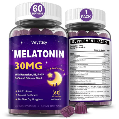 Veyttisy Melatonin 30mg Gummies für Erwachsene - Zuckerfreie Melatonin Gummies mit maximaler Stärke, Magnesium, B6, GABA & botanischer Mischung - Nicht gewohnheitsbildend, vegan, ohne Gentechnik, natürlicher Beerenmix-Geschmack