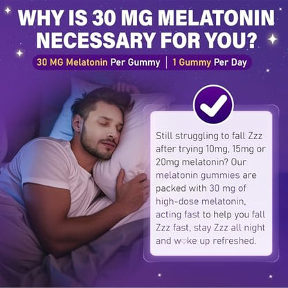 Veyttisy Melatonin 30mg Gummies für Erwachsene - Zuckerfreie Melatonin Gummies mit maximaler Stärke, Magnesium, B6, GABA & botanischer Mischung - Nicht gewohnheitsbildend, vegan, ohne Gentechnik, natürlicher Beerenmix-Geschmack