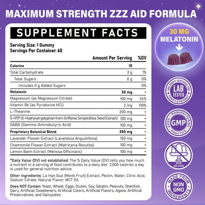 Veyttisy Melatonin 30mg Gummies für Erwachsene - Zuckerfreie Melatonin Gummies mit maximaler Stärke, Magnesium, B6, GABA & botanischer Mischung - Nicht gewohnheitsbildend, vegan, ohne Gentechnik, natürlicher Beerenmix-Geschmack