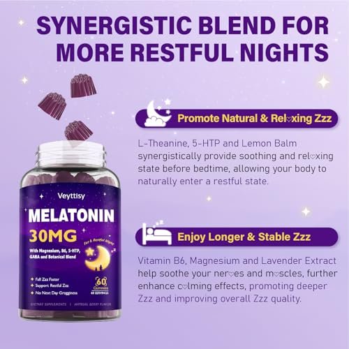 Veyttisy Melatonin 30mg Gummies für Erwachsene - Zuckerfreie Melatonin Gummies mit maximaler Stärke, Magnesium, B6, GABA & botanischer Mischung - Nicht gewohnheitsbildend, vegan, ohne Gentechnik, natürlicher Beerenmix-Geschmack