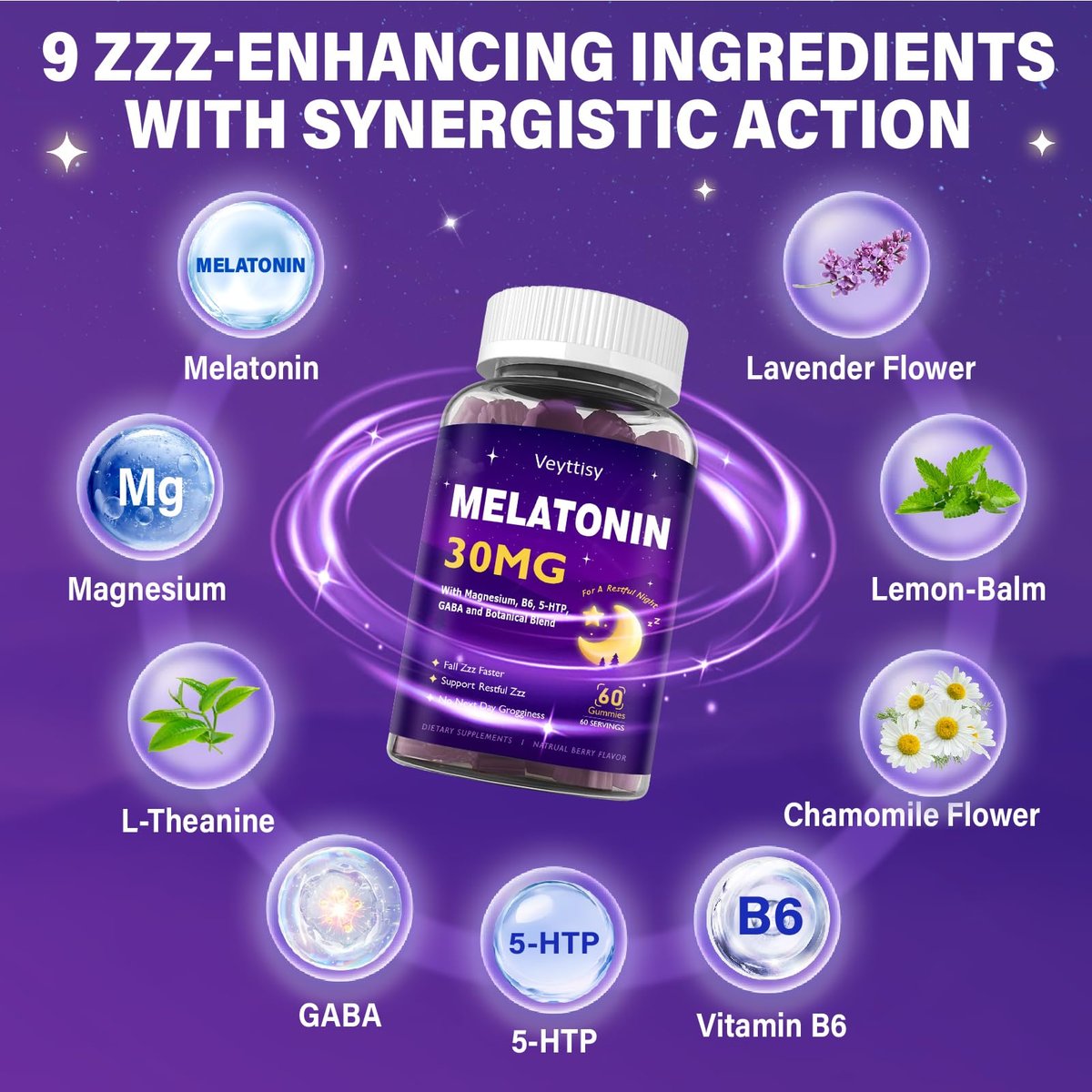 Veyttisy Melatonin 30mg Gummies für Erwachsene - Zuckerfreie Melatonin Gummies mit maximaler Stärke, Magnesium, B6, GABA & botanischer Mischung - Nicht gewohnheitsbildend, vegan, ohne Gentechnik, natürlicher Beerenmix-Geschmack