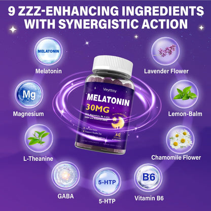 Veyttisy Melatonin 30mg Gummies für Erwachsene - Zuckerfreie Melatonin Gummies mit maximaler Stärke, Magnesium, B6, GABA & botanischer Mischung - Nicht gewohnheitsbildend, vegan, ohne Gentechnik, natürlicher Beerenmix-Geschmack