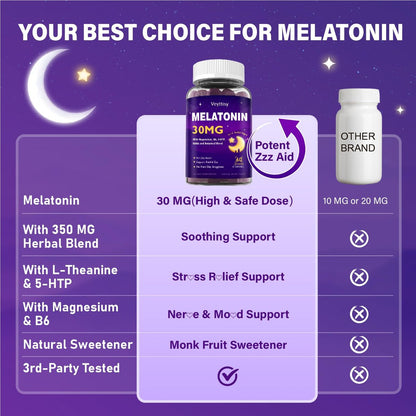 Veyttisy Melatonin 30mg Gummies für Erwachsene - Zuckerfreie Melatonin Gummies mit maximaler Stärke, Magnesium, B6, GABA & botanischer Mischung - Nicht gewohnheitsbildend, vegan, ohne Gentechnik, natürlicher Beerenmix-Geschmack