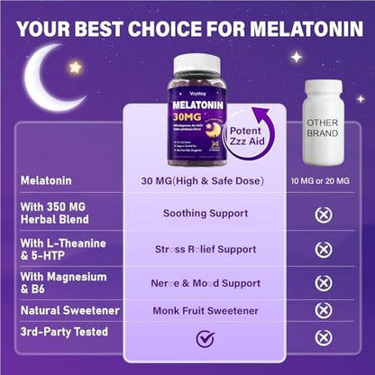 Veyttisy Melatonin 30mg Gummies für Erwachsene - Zuckerfreie Melatonin Gummies mit maximaler Stärke, Magnesium, B6, GABA & botanischer Mischung - Nicht gewohnheitsbildend, vegan, ohne Gentechnik, natürlicher Beerenmix-Geschmack