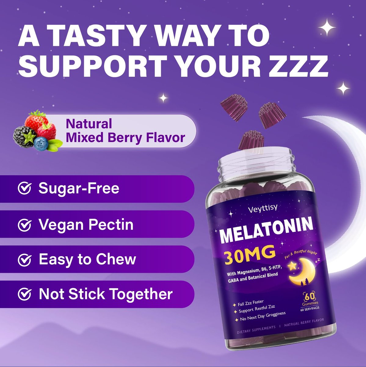 Veyttisy Melatonin 30mg Gummies für Erwachsene - Zuckerfreie Melatonin Gummies mit maximaler Stärke, Magnesium, B6, GABA & botanischer Mischung - Nicht gewohnheitsbildend, vegan, ohne Gentechnik, natürlicher Beerenmix-Geschmack