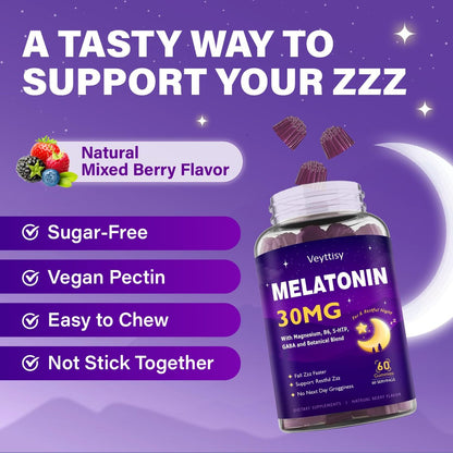 Veyttisy Melatonin 30mg Gummies für Erwachsene - Zuckerfreie Melatonin Gummies mit maximaler Stärke, Magnesium, B6, GABA & botanischer Mischung - Nicht gewohnheitsbildend, vegan, ohne Gentechnik, natürlicher Beerenmix-Geschmack