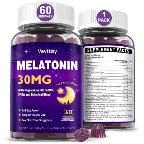 Veyttisy Melatonin 30mg Gummies für Erwachsene - Zuckerfreie Melatonin Gummies mit maximaler Stärke, Magnesium, B6, GABA & botanischer Mischung - Nicht gewohnheitsbildend, vegan, ohne Gentechnik, natürlicher Beerenmix-Geschmack
