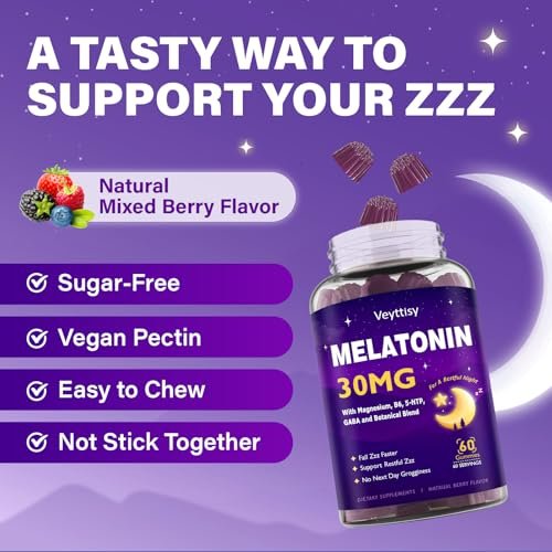 Veyttisy Melatonin 30mg Gummies für Erwachsene - Zuckerfreie Melatonin Gummies mit maximaler Stärke, Magnesium, B6, GABA & botanischer Mischung - Nicht gewohnheitsbildend, vegan, ohne Gentechnik, natürlicher Beerenmix-Geschmack