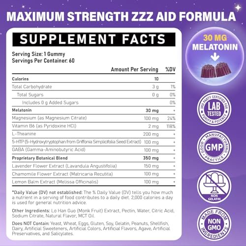 Veyttisy Melatonin 30mg Gummies für Erwachsene - Zuckerfreie Melatonin Gummies mit maximaler Stärke, Magnesium, B6, GABA & botanischer Mischung - Nicht gewohnheitsbildend, vegan, ohne Gentechnik, natürlicher Beerenmix-Geschmack