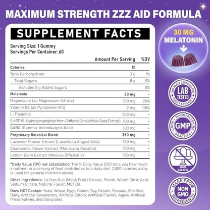 Veyttisy Melatonin 30mg Gummies für Erwachsene - Zuckerfreie Melatonin Gummies mit maximaler Stärke, Magnesium, B6, GABA & botanischer Mischung - Nicht gewohnheitsbildend, vegan, ohne Gentechnik, natürlicher Beerenmix-Geschmack