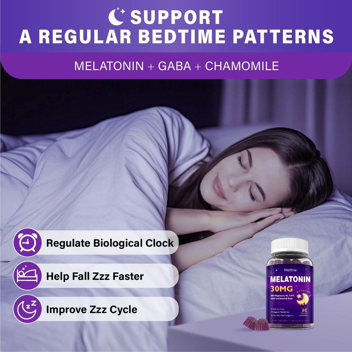 Veyttisy Melatonin 30mg Gummies für Erwachsene - Zuckerfreie Melatonin Gummies mit maximaler Stärke, Magnesium, B6, GABA & botanischer Mischung - Nicht gewohnheitsbildend, vegan, ohne Gentechnik, natürlicher Beerenmix-Geschmack