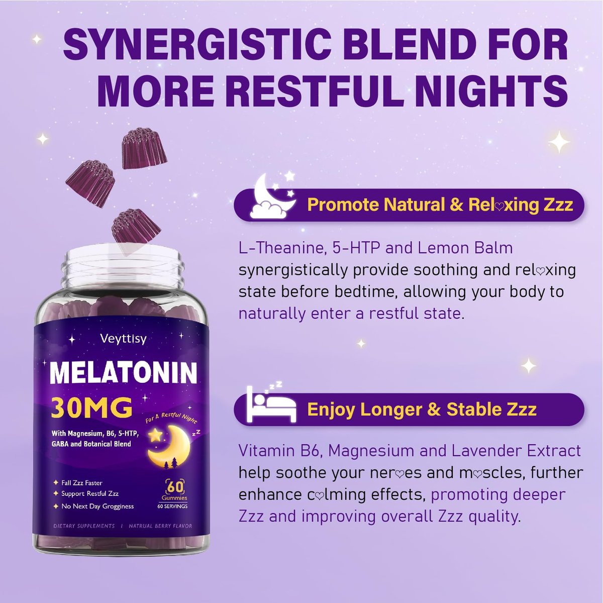 Veyttisy Melatonin 30mg Gummies für Erwachsene - Zuckerfreie Melatonin Gummies mit maximaler Stärke, Magnesium, B6, GABA & botanischer Mischung - Nicht gewohnheitsbildend, vegan, ohne Gentechnik, natürlicher Beerenmix-Geschmack