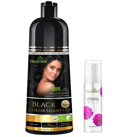 Herbishh Schwarzer Haarfarben-Shampoo - 3-in-1 Magic Dye für graues Haar 500 ml + Essential Flower Hair Oil - Bio-Formel für trockenes, geschädigtes Haar 60 ml