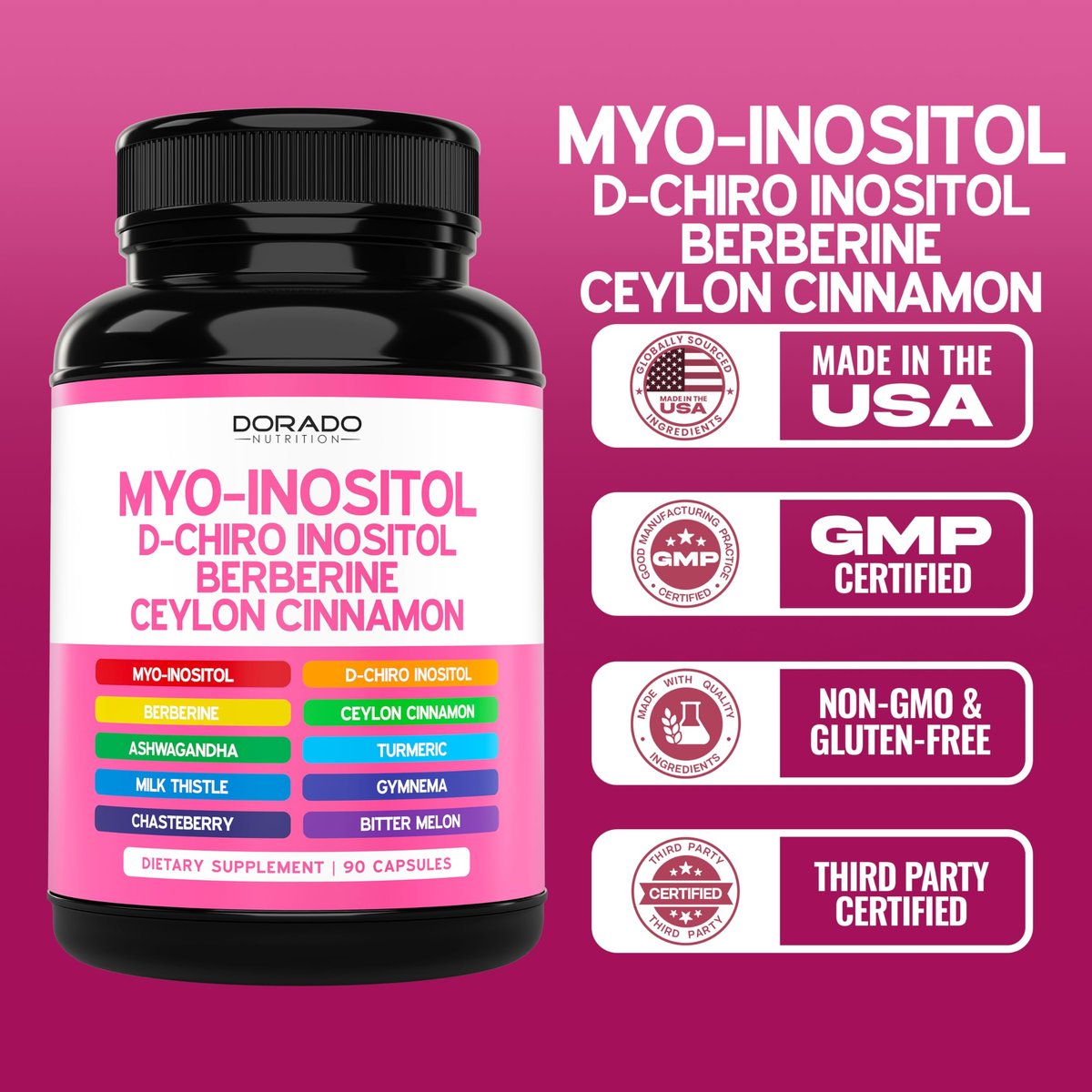 Myo-Inositol & D-Chiro Inositol Kapseln für Frauen – 40:1 Verhältnis, Hormonbalance, 10-in-1 Formel, 90 Kapseln