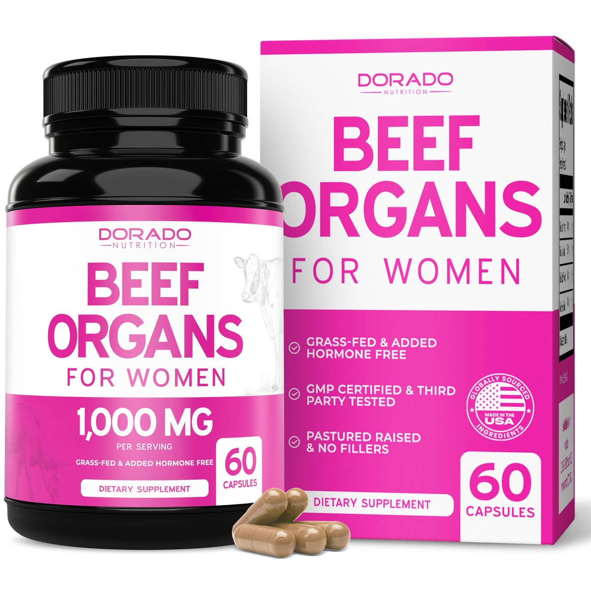 Bio Rinderorganpräparat für Frauen – grasgefütterte Rinderleber, Herz, Niere & Gebärmutter 1000 mg pro Portion – Unterstützt Energie und allgemeine Gesundheit – Drittanbieter getestet & Non GMO – Hergestellt in den USA (60 Kapseln)