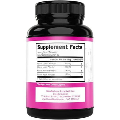 Bio Rinderorganpräparat für Frauen – grasgefütterte Rinderleber, Herz, Niere & Gebärmutter 1000 mg pro Portion – Unterstützt Energie und allgemeine Gesundheit – Drittanbieter getestet & Non GMO – Hergestellt in den USA (60 Kapseln)