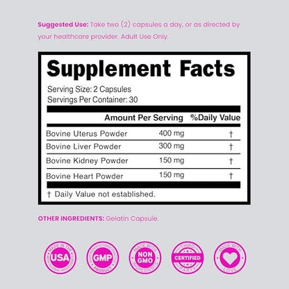 Bio Rinderorganpräparat für Frauen – grasgefütterte Rinderleber, Herz, Niere & Gebärmutter 1000 mg pro Portion – Unterstützt Energie und allgemeine Gesundheit – Drittanbieter getestet & Non GMO – Hergestellt in den USA (60 Kapseln)