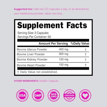 Beef Organ Supplement für Frauen – Grasgefütterte Rinderleber, Herz, Niere & Gebärmutter 1000 mg pro Portion – Unterstützt Energie und allgemeine Gesundheit – Drittanbieter-getestet & Non-GMO – Hergestellt in den USA (120 Kapseln)