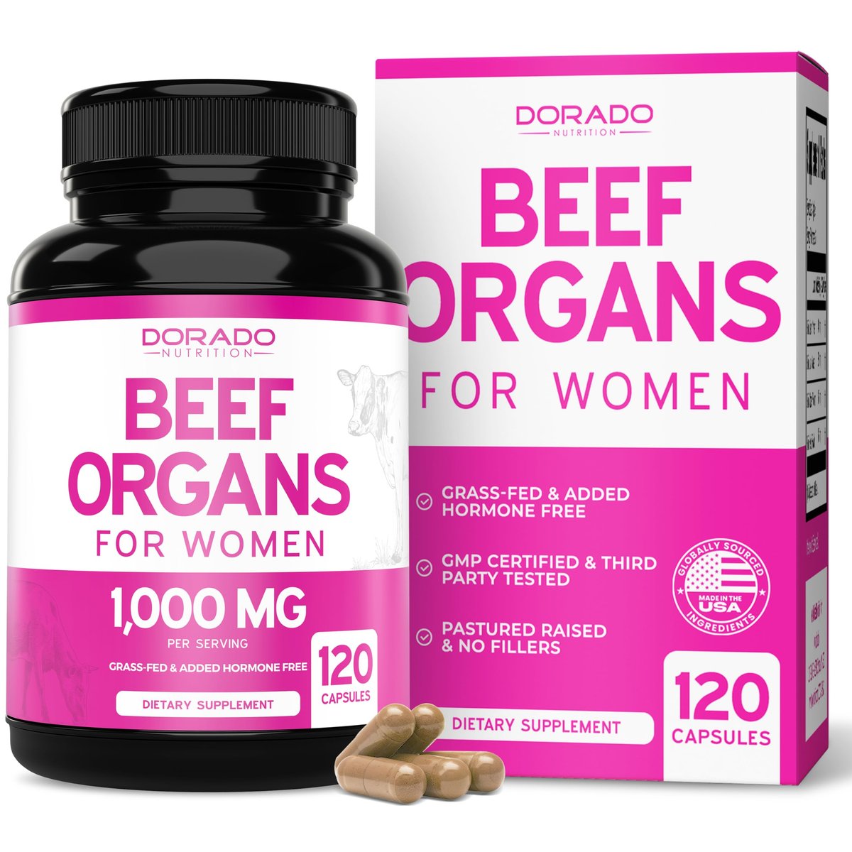 Beef Organ Supplement für Frauen – Grasgefütterte Rinderleber, Herz, Niere & Gebärmutter 1000 mg pro Portion – Unterstützt Energie und allgemeine Gesundheit – Drittanbieter-getestet & Non-GMO – Hergestellt in den USA (120 Kapseln)