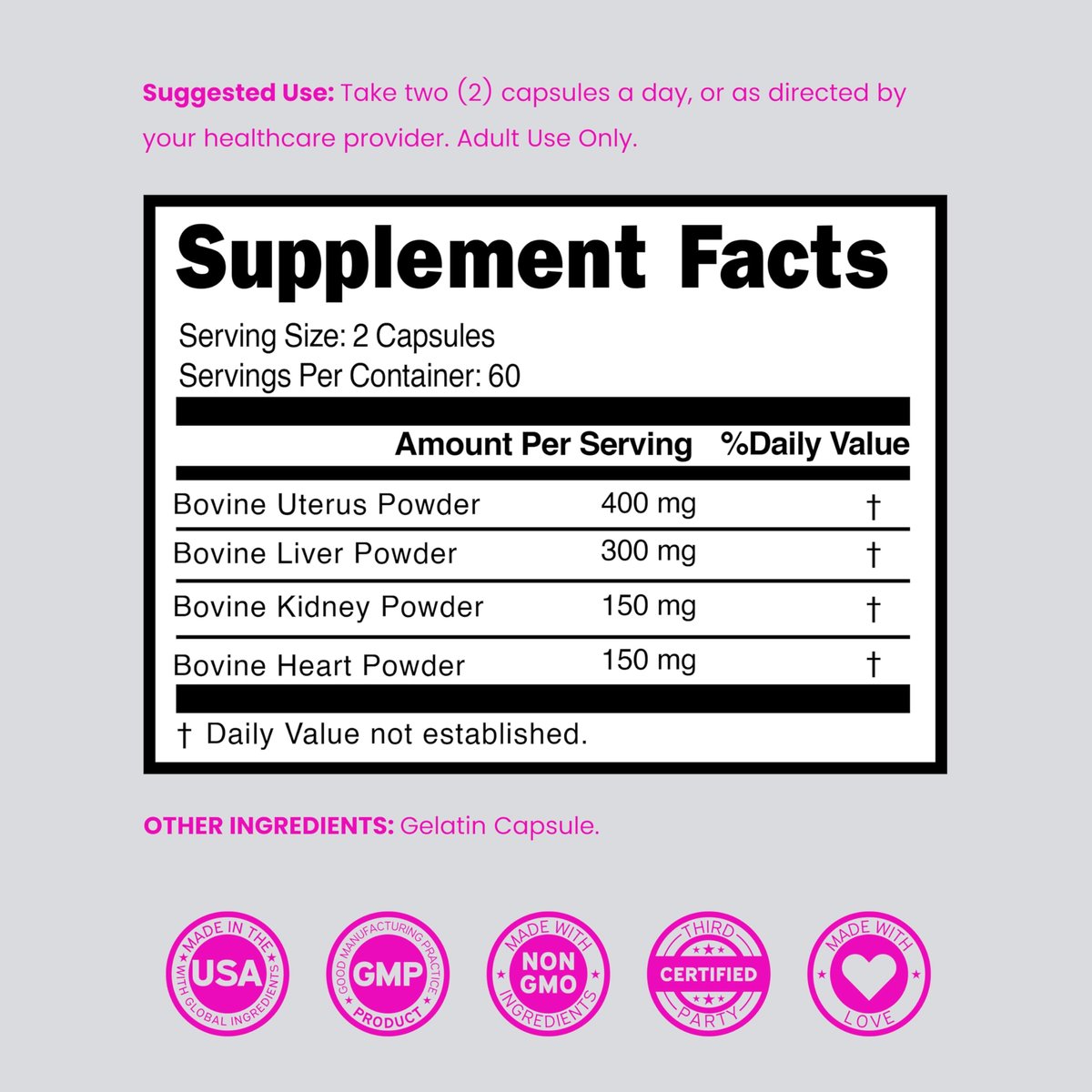 Beef Organ Supplement für Frauen – Grasgefütterte Rinderleber, Herz, Niere & Gebärmutter 1000 mg pro Portion – Unterstützt Energie und allgemeine Gesundheit – Drittanbieter-getestet & Non-GMO – Hergestellt in den USA (120 Kapseln)
