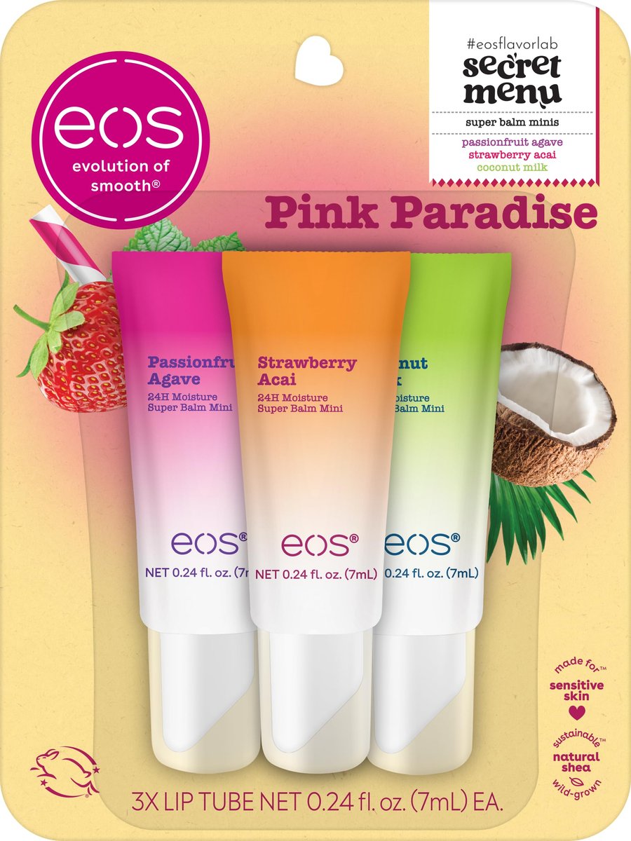 eos 24H Moisture Super Balms Minis – Pink Paradise, Limited Edition, 3er-Pack, nährende Lippenbalsame für trockene Lippen, 0,169 fl oz