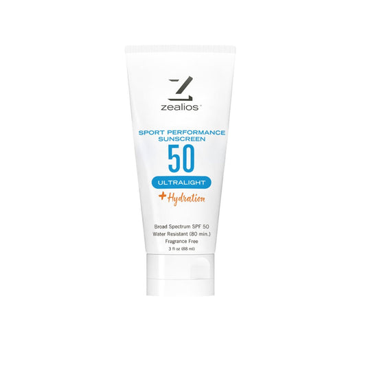 Zealios Sport Performance Ultralight SPF 50 Sonnencreme + Feuchtigkeit, 3 oz Tube, Breitband, Wasser- & Schweißresistent (80 Min), Nicht fettend, Duftfrei, Lotion für Schwimmen, Laufen & Radfahren