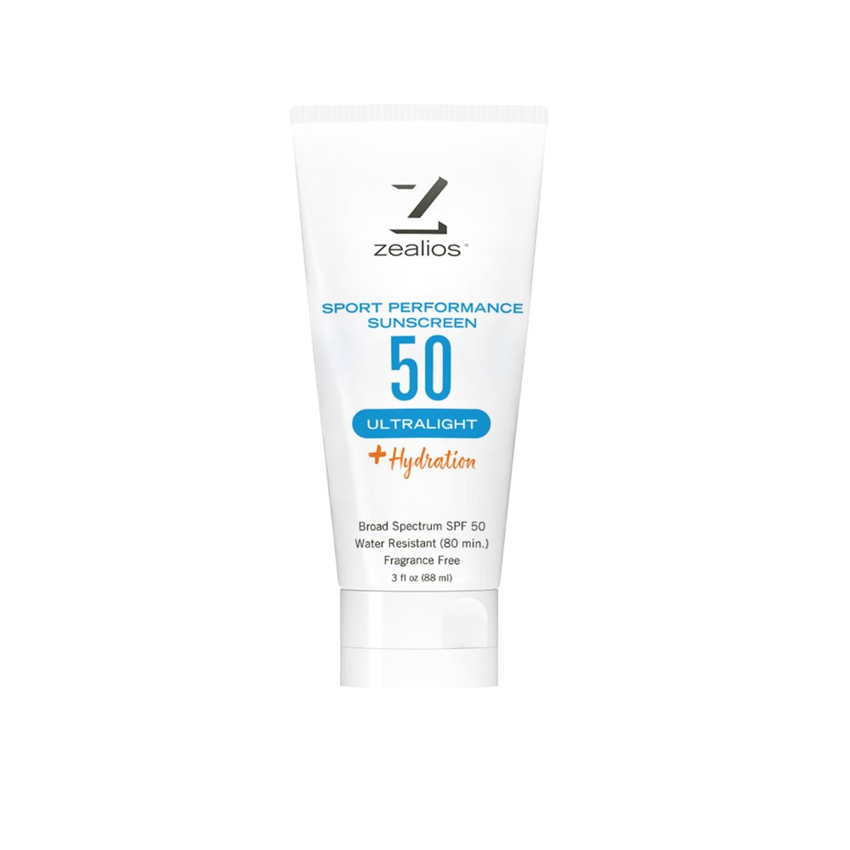 Zealios Sport Performance Ultralight SPF 50 Sonnencreme + Feuchtigkeit, 3 oz Tube, Breitband, Wasser- & Schweißresistent (80 Min), Nicht fettend, Duftfrei, Lotion für Schwimmen, Laufen & Radfahren