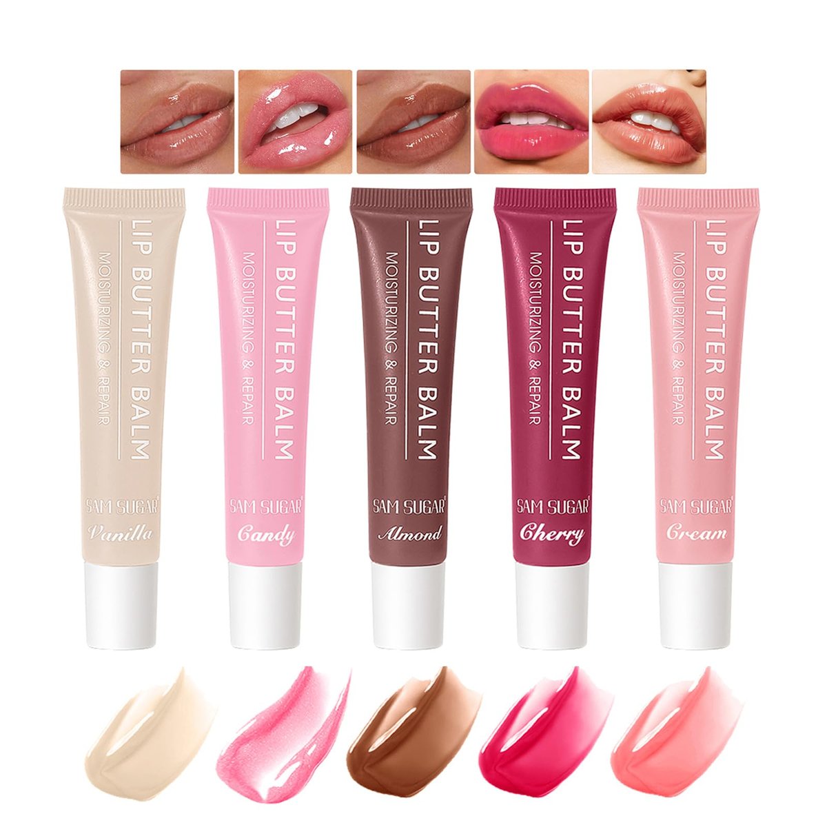 Bekoeen 5 Farben Butter-Lippenbalsam, Feuchtigkeitsspendender Lipgloss, Hochglanz-Nude-Farbe, Lipgloss-Öl, Lippenpflege-Make-up-Geschenk, Lipgloss für Frauen
