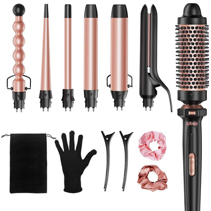 Ufree 7-in-1 Lockenstab Set mit austauschbaren Keramikaufsätzen, Lockenwickler Set mit Thermalbürste, Haarglätter und Lockenstab, vielseitiges Haareisen-Set, Geschenk für Frauen