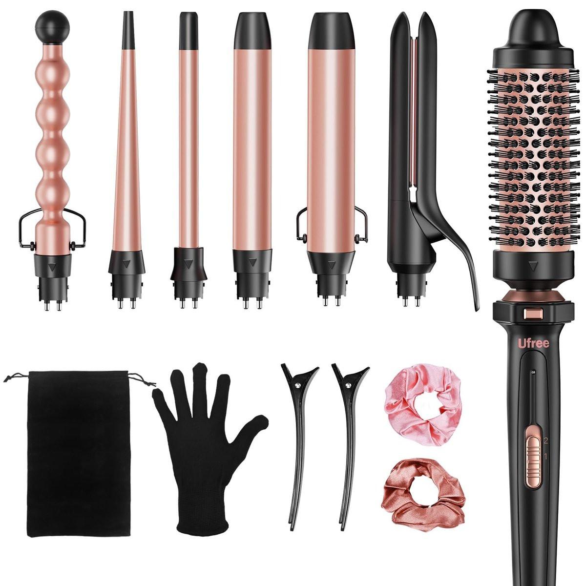 Ufree 7-in-1 Lockenstab Set mit austauschbaren Keramikaufsätzen, Lockenwickler Set mit Thermalbürste, Haarglätter und Lockenstab, vielseitiges Haareisen-Set, Geschenk für Frauen