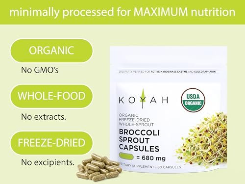 KOYAH - Bio Brokkoli Sprossen Kapseln – Gefriergetrocknete ganze Brokkolisprossen – 3rd Party getestet auf aktive Myrosinase & Glucoraphanin (Sulforaphan-Glucosinolat) – 60 Kapseln