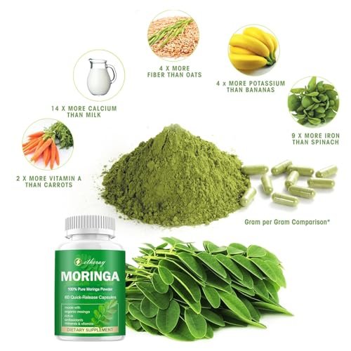 Moringa Kapseln, Reines Moringa Pulver 800mg pro Portion – Reich an Antioxidantien, Mineralien & Vitaminen | Grünes Superfood – Natürliches & Veganes Nahrungsergänzungsmittel – 60 Kapseln