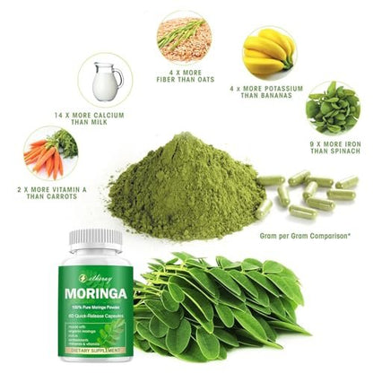 Moringa Kapseln, Reines Moringa Pulver 800mg pro Portion – Reich an Antioxidantien, Mineralien & Vitaminen | Grünes Superfood – Natürliches & Veganes Nahrungsergänzungsmittel – 60 Kapseln