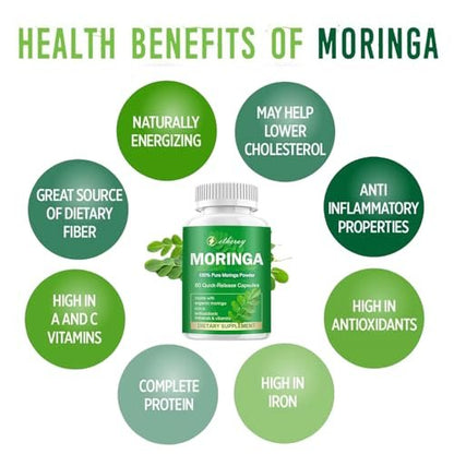 Moringa Kapseln, Reines Moringa Pulver 800mg pro Portion – Reich an Antioxidantien, Mineralien & Vitaminen | Grünes Superfood – Natürliches & Veganes Nahrungsergänzungsmittel – 60 Kapseln