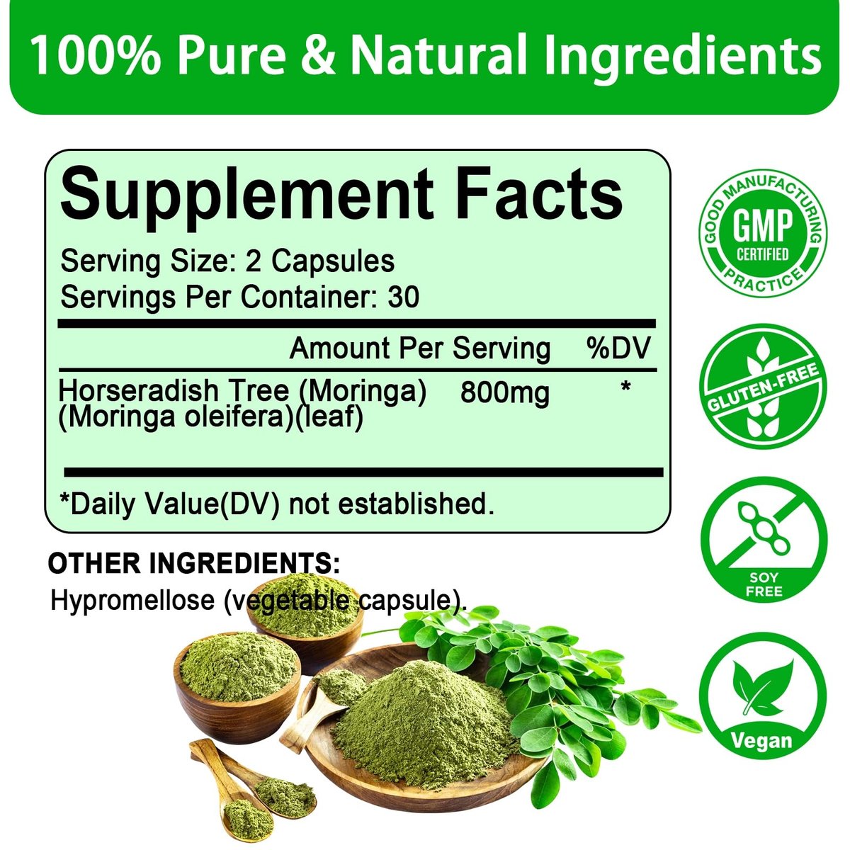 Moringa Kapseln, Reines Moringa Pulver 800mg pro Portion – Reich an Antioxidantien, Mineralien & Vitaminen | Grünes Superfood – Natürliches & Veganes Nahrungsergänzungsmittel – 60 Kapseln