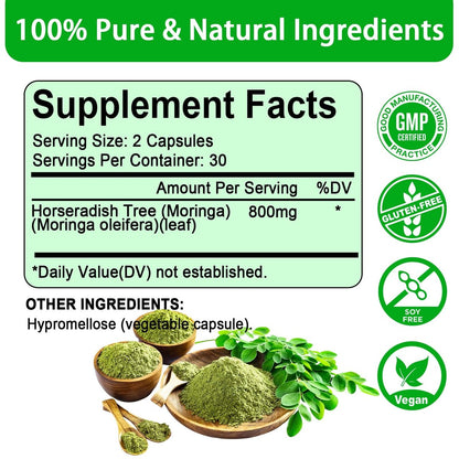 Moringa Kapseln, Reines Moringa Pulver 800mg pro Portion – Reich an Antioxidantien, Mineralien & Vitaminen | Grünes Superfood – Natürliches & Veganes Nahrungsergänzungsmittel – 60 Kapseln