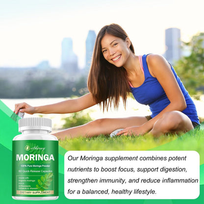 Moringa Kapseln, Reines Moringa Pulver 800mg pro Portion – Reich an Antioxidantien, Mineralien & Vitaminen | Grünes Superfood – Natürliches & Veganes Nahrungsergänzungsmittel – 60 Kapseln