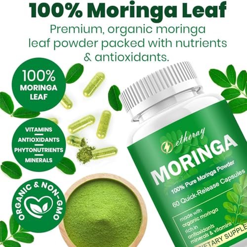 Moringa Kapseln, Reines Moringa Pulver 800mg pro Portion – Reich an Antioxidantien, Mineralien & Vitaminen | Grünes Superfood – Natürliches & Veganes Nahrungsergänzungsmittel – 60 Kapseln