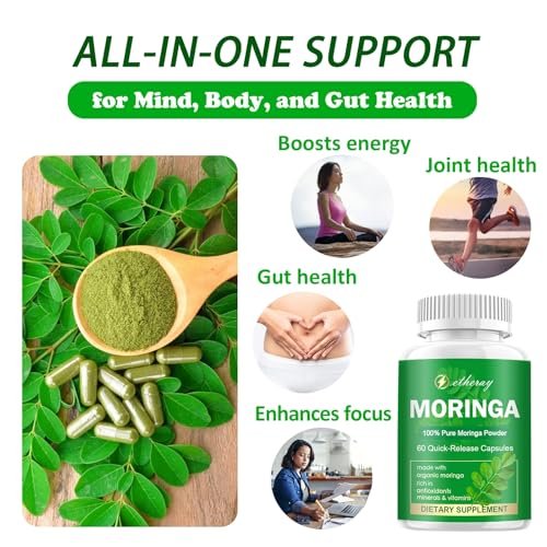 Moringa Kapseln, Reines Moringa Pulver 800mg pro Portion – Reich an Antioxidantien, Mineralien & Vitaminen | Grünes Superfood – Natürliches & Veganes Nahrungsergänzungsmittel – 60 Kapseln
