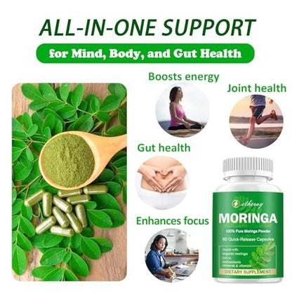 Moringa Kapseln, Reines Moringa Pulver 800mg pro Portion – Reich an Antioxidantien, Mineralien & Vitaminen | Grünes Superfood – Natürliches & Veganes Nahrungsergänzungsmittel – 60 Kapseln