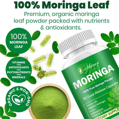 Moringa Kapseln, Reines Moringa Pulver 800mg pro Portion – Reich an Antioxidantien, Mineralien & Vitaminen | Grünes Superfood – Natürliches & Veganes Nahrungsergänzungsmittel – 60 Kapseln