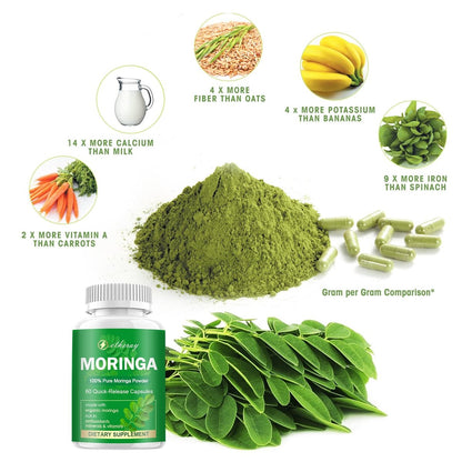 Moringa Kapseln, Reines Moringa Pulver 800mg pro Portion – Reich an Antioxidantien, Mineralien & Vitaminen | Grünes Superfood – Natürliches & Veganes Nahrungsergänzungsmittel – 60 Kapseln