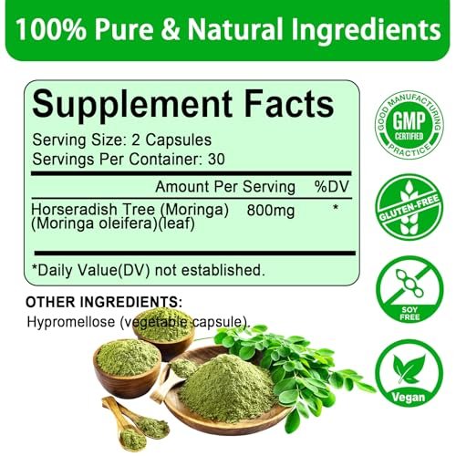 Moringa Kapseln, Reines Moringa Pulver 800mg pro Portion – Reich an Antioxidantien, Mineralien & Vitaminen | Grünes Superfood – Natürliches & Veganes Nahrungsergänzungsmittel – 60 Kapseln