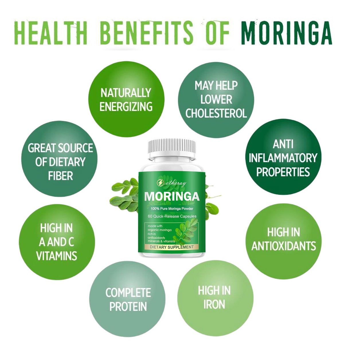 Moringa Kapseln, Reines Moringa Pulver 800mg pro Portion – Reich an Antioxidantien, Mineralien & Vitaminen | Grünes Superfood – Natürliches & Veganes Nahrungsergänzungsmittel – 60 Kapseln