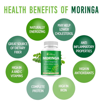Moringa Kapseln, Reines Moringa Pulver 800mg pro Portion – Reich an Antioxidantien, Mineralien & Vitaminen | Grünes Superfood – Natürliches & Veganes Nahrungsergänzungsmittel – 60 Kapseln