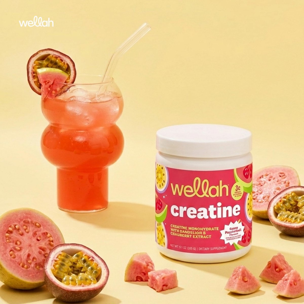 Wellah Creatin für Frauen – Creatin-Monohydrat mit Löwenzahn & Cranberry-Extrakt (50 Portionen, Guave-Passionsfrucht)
